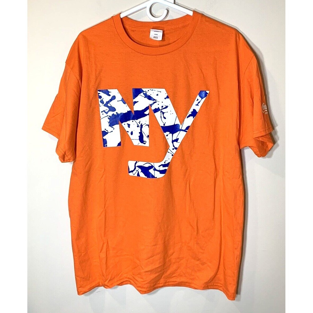 New York Islanders Splatter Shirt Mens Large Orange NHL Coca Cola Cotton Hockey
